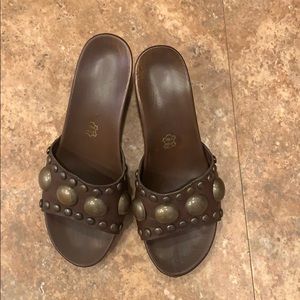Cindy Says brand brown wedge sandals.